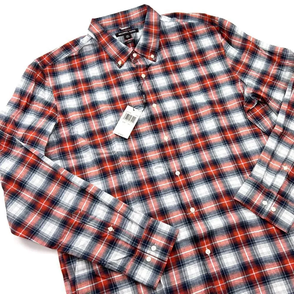 NWT Michael Kors Men US XXL Plaid Button Down Shirt  White Gray Orange Casual - Picture 4 of 7
